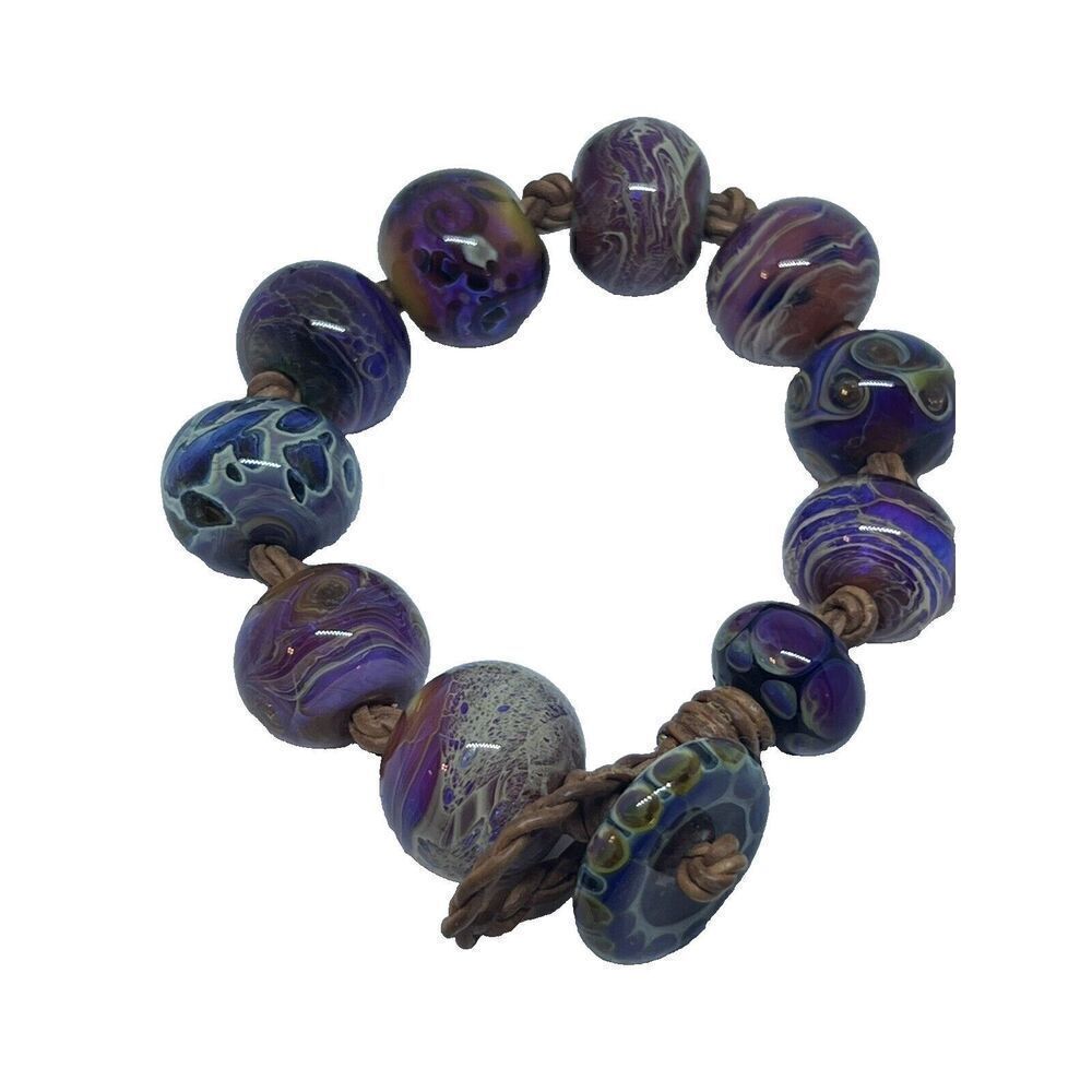 Santa Cruz Artist Made Lamp Worked Glass Bead Bracelet 9 3/4" OOAK Blue Purple - Picture 10 of 13